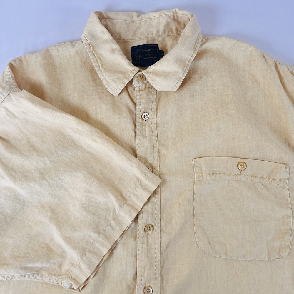 Tommy Bahama Indigo Palms Yellow 100% Linen Short Sleeve Button Down Shirt XL